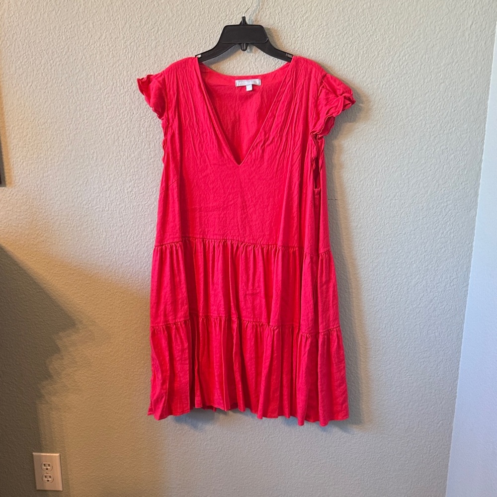 ANTONIO MELANI Bright Pink V-Neck Tiered Mini Dress
